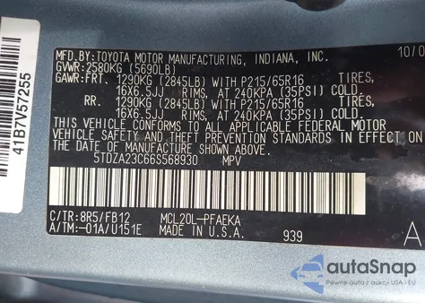 2006 Toyota Sienna Ce из США, поврежденный, VIN 5TDZA23C66S568930